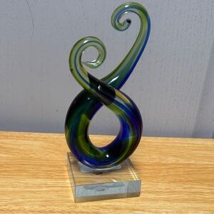 Elegant Twisting Glass Sculpture in Blue and Green